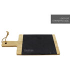 A wooden cutting board with a black slate inlay and a handle featuring a rustic twine loop. The text TarraWarra Estate is engraved on the slate. A gray box in the top right reads Logo at standard size.
