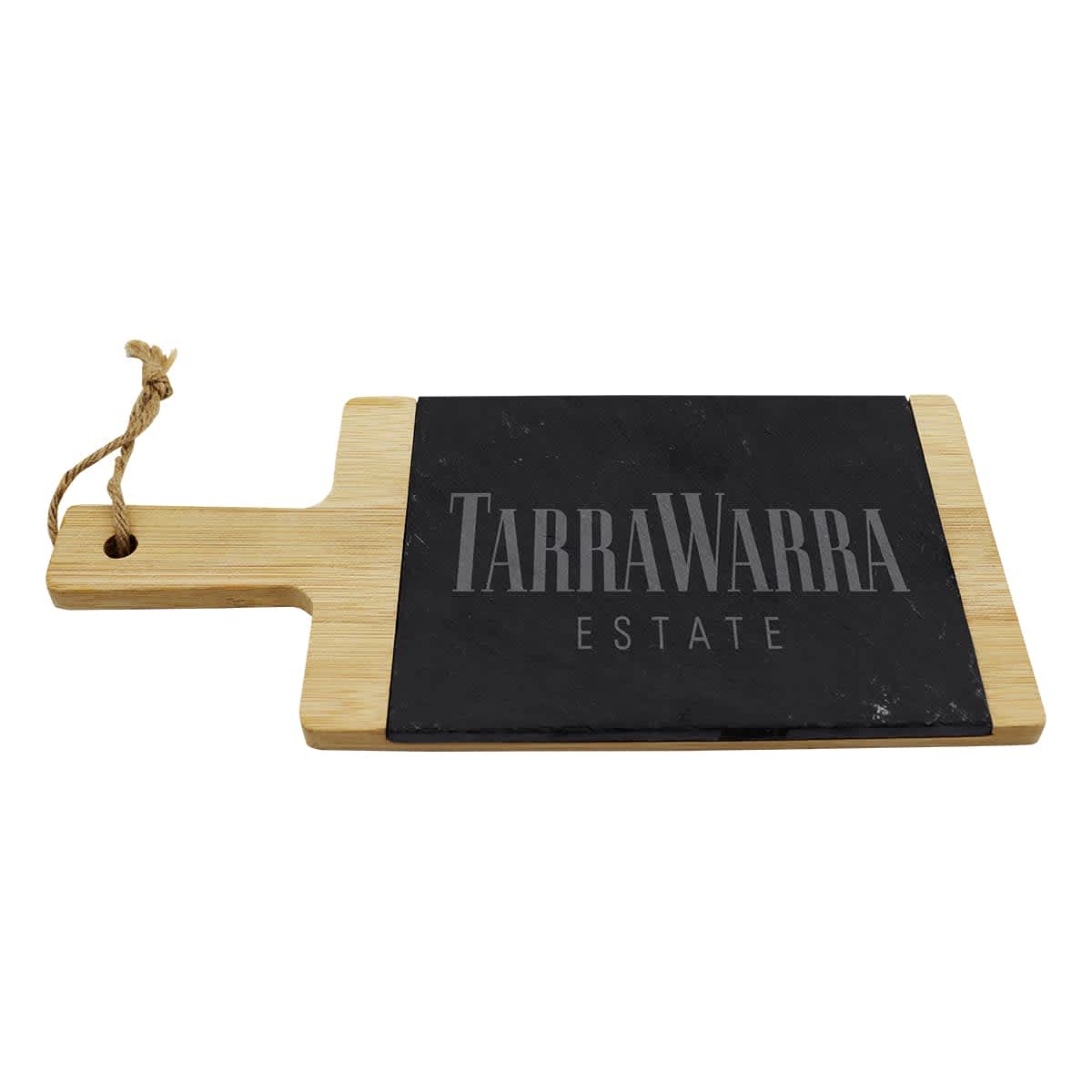 A rectangular wooden cheeseboard with a handle, featuring a black slate section. The slate is engraved with the text TARRAWARRA ESTATE in capital letters. A looped rope is attached to the end of the handle.