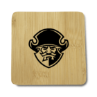 Wooden coaster featuring a black pirate logo with a stern expression, wearing a tricorn hat, centered on a light bamboo background.