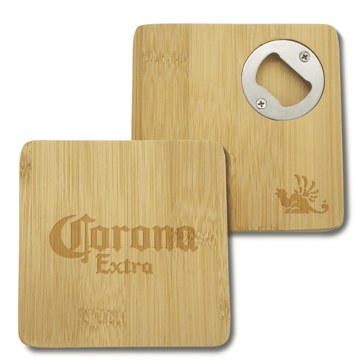 Two square bamboo coasters with the words Corona Extra engraved on one. The other coaster has a built-in metal bottle opener and a small decorative design etched into the wood.