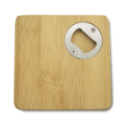 Square bamboo bottle opener with a rounded silver metal opening in the top right corner. The wood grain is visible, and two screws secure the metal part. The opener is on a plain white background.