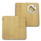 Two square bamboo coasters are shown. One has a metallic bottle opener embedded in the corner, while the other is plain. The coasters have a natural wood grain texture.