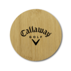 A round wooden coaster featuring the Callaway Golf logo, which includes the words Callaway Golf in black and a V-shaped symbol, is centered on the surface. The wood has a light, natural finish.