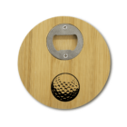 Circular wooden bottle opener with a golf ball design at the bottom.