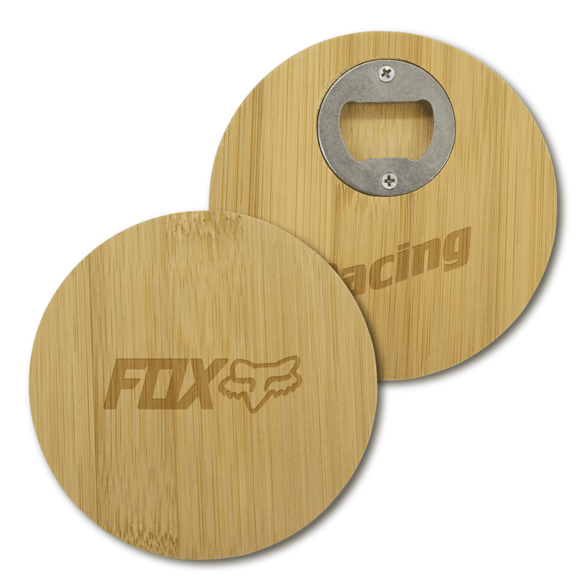 Two round wooden coasters with engravings. One coaster features a metal bottle opener on one side and FOX Racing with a fox logo on the other. The other coaster shows the same engraving, FOX and fox logo visible.