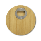 A round wooden bottle opener with a metallic opening mechanism embedded near the top center. The wood has a light, smooth finish.