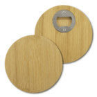 Two round bamboo coasters, one with a metal bottle opener embedded on the top side. The wood has a light natural finish, showcasing the grain pattern.