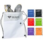 A collection of colorful drawstring bags with different logos. One white bag displays the Free Vector logo and holds athletic shoes. Other bags come in blue, black, green, red, purple, and orange, each with unique branding.
