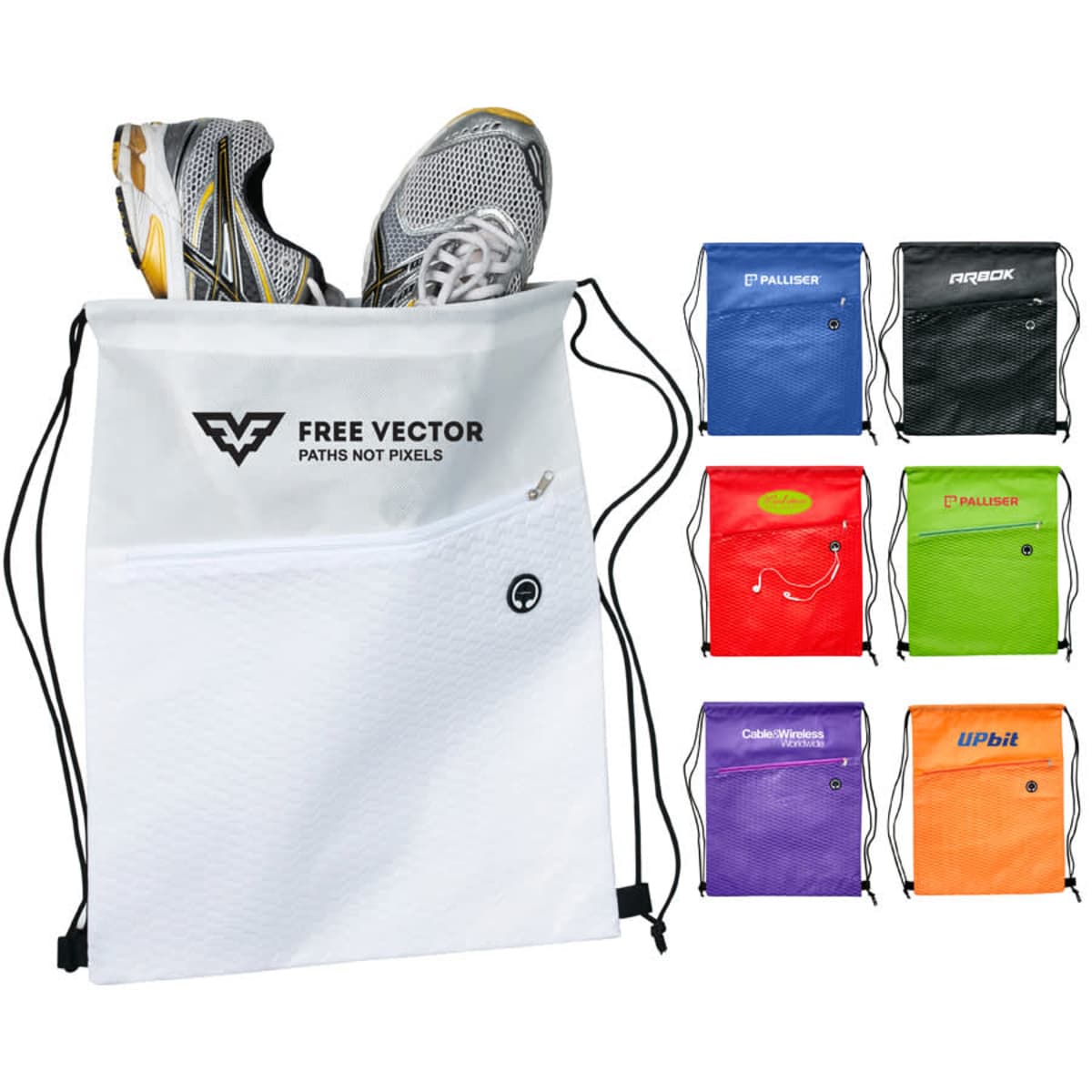 A collection of colorful drawstring bags with different logos. One white bag displays the Free Vector logo and holds athletic shoes. Other bags come in blue, black, green, red, purple, and orange, each with unique branding.