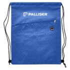 Blue drawstring bag with a textured pattern on the lower half. It has a zippered pocket near the top and a small round opening on the right side. The word Palliser is printed in white near the top. Black drawstrings are attached to each side.