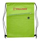 A bright green drawstring backpack with a textured front design and a small zippered pocket. It features a headphone jack opening and Palliser logo in red at the top. Black drawstrings complete the design.