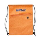 Orange drawstring backpack with UPbit logo in blue at the top. Features a textured front pocket and a headphone port. Black drawstrings on both sides.