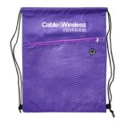 A purple drawstring backpack with a textured pattern, featuring Cable & Wireless Worldwide printed in white at the top. It has a front zip pocket with a small headphone port.