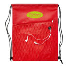 A red drawstring bag with a front zipper pocket and a small hole for earphones. The bag features the logo Merlottes Bar and Grill in yellow on the upper section. White earphones are partially visible, emerging from the hole.