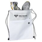 A white drawstring bag with Free Vector and Paths Not Pixels printed on it. A pair of white and gray running shoes with yellow accents is sticking out of the open top. The bag also features a zippered pocket on the front.