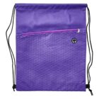 Purple drawstring bag with textured patterns. Features a zippered pocket on the front and two black drawstrings.