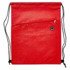 A vibrant red drawstring backpack with a front zip pocket featuring a textured pattern. It has thin black straps and a small circular opening near the zipper for earphones.