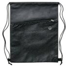 Black drawstring backpack with a textured pattern on the front pocket. There is a zipper pocket on top and two parallel drawstrings on each side for closure and carrying.