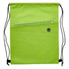 A lime green drawstring backpack featuring a textured pattern on the lower half. It has a horizontal zippered pocket near the top and an earphone outlet. The drawstrings are black.