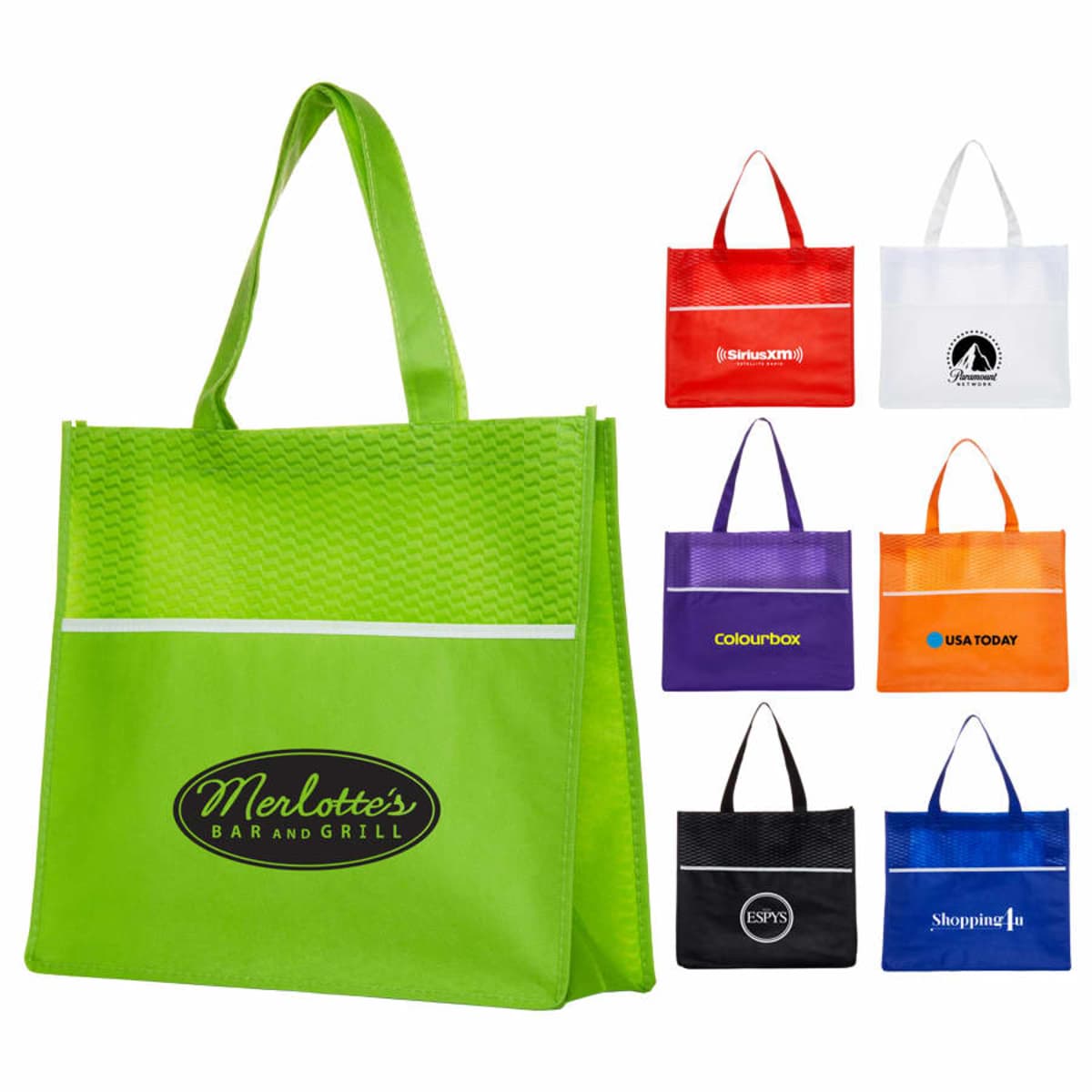 A collection of reusable tote bags in various colors, including green, red, white, purple, orange, black, and blue. Each bag has a company logo printed on it and features long handles. The green bag has Merlottes Bar and Grill logo.