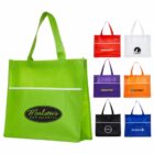 A collection of reusable shopping bags in various colors: large green, with Merlottes Bar and Grill logo, and smaller in red, white, blue, orange, purple, black, each with different logos.