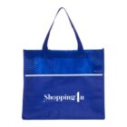 A blue tote bag with a mesh top panel and sturdy handles. The bag features the text Shopping4u in white capital letters below the mesh.