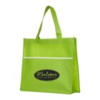 Lime green tote bag with two handles. The front features a black oval logo with the text Merlottes Bar and Grill in white. The top section has a slightly textured pattern.