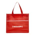 A red tote bag with two handles featuring the SiriusXM Satellite Radio logo in white. The bag has a textured pattern above a white stripe near the top.