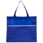A blue fabric tote bag with two handles. The top section features a mesh design with a wave pattern, and a horizontal white stripe separates the mesh from the solid fabric below. The bag is set against a white background.
