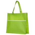 Green reusable shopping bag with a textured upper section and smooth lower section. It features two handles for carrying and a white horizontal stripe across the front. The bag stands upright, showcasing its spacious design.