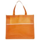 An orange tote bag with a textured upper section and a smooth lower section. It has two handles at the top and a horizontal white stripe across the middle.