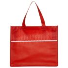 A red reusable tote bag with two handles. The top section features a textured pattern, and a horizontal white stripe divides the top and bottom parts. The bags surface is smooth and unadorned with any logos or additional design.