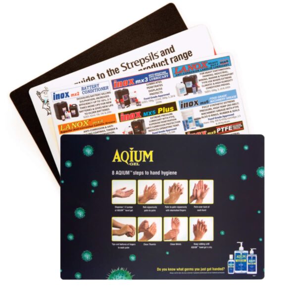 Three overlapping promotional cards, with one showing hand hygiene steps and germ graphics.