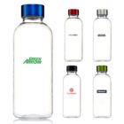 Five transparent water bottles with colored caps (blue, black, red, gray, green) and different logos in the center. The bottles are arranged with one larger bottle on the left and four smaller ones on the right.