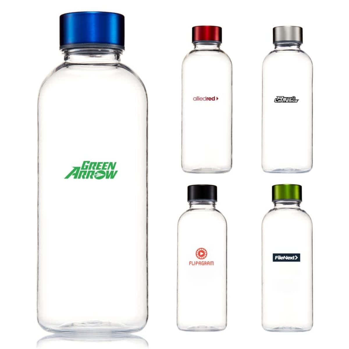 Five transparent water bottles with colored caps (blue, black, red, gray, green) and different logos in the center. The bottles are arranged with one larger bottle on the left and four smaller ones on the right.