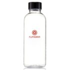 Clear water bottle with a black screw cap, featuring the word Flipagram and a circular logo in red on the front. The bottle is simple and cylindrical in shape.