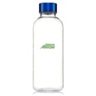 Clear glass water bottle with a blue screw cap and a Green Arrow logo in green text on its front. The background is plain white.