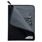 A black zippered pouch partially open to reveal a striped interior with a crossbow outline. Green Arrow logo is printed in white at the bottom corner.