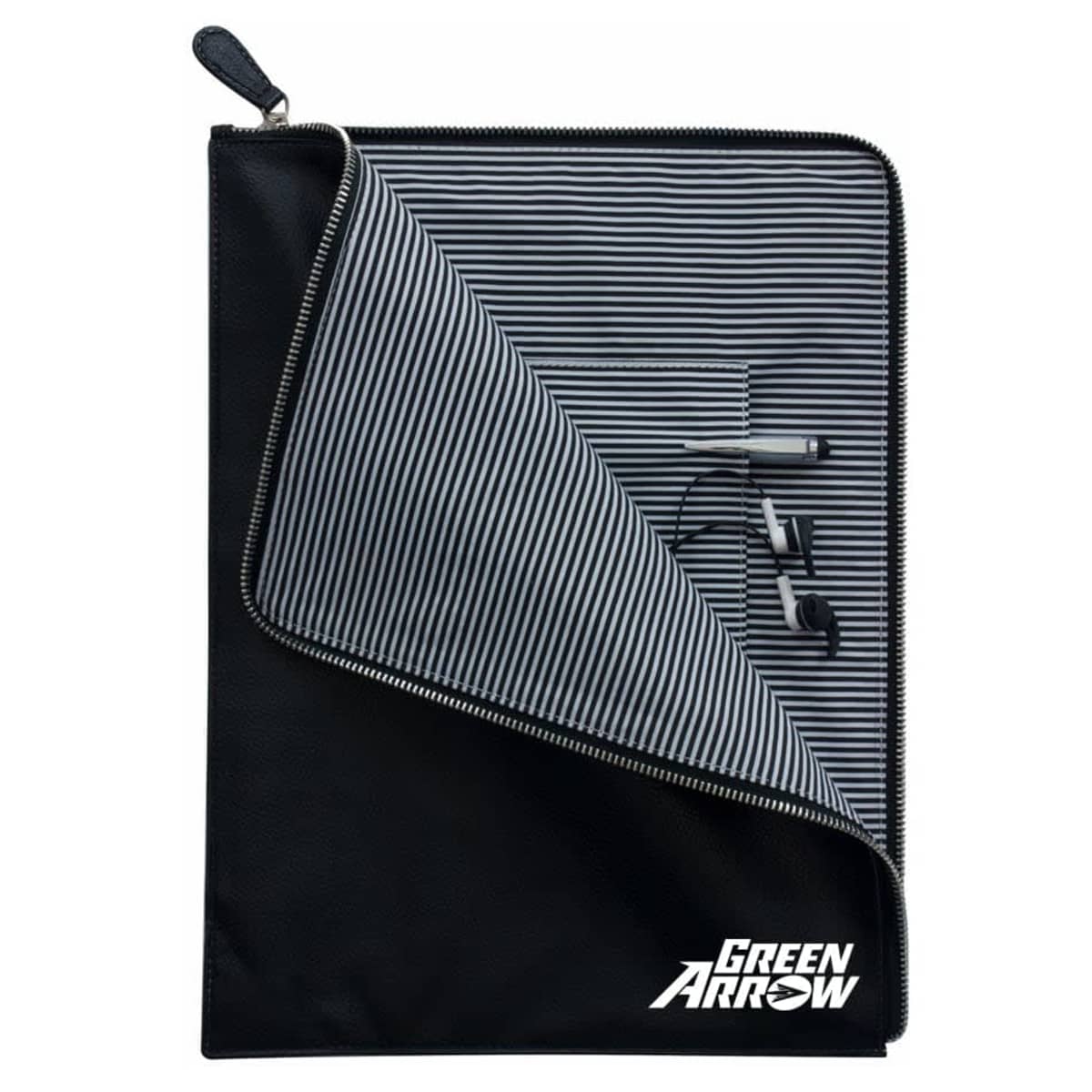 A black zippered pouch partially open to reveal a striped interior with a crossbow outline. Green Arrow logo is printed in white at the bottom corner.