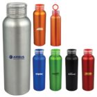 A collection of seven branded metal water bottles in various colors: silver, orange, blue, green, black, and red. Each bottle features a different company logo and some have unique cap designs.