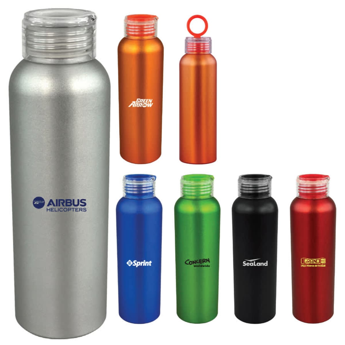 A collection of seven branded metal water bottles in various colors: silver, orange, blue, green, black, and red. Each bottle features a different company logo and some have unique cap designs.