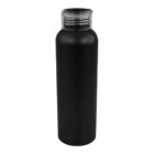 A matte black water bottle with a transparent screw cap, standing upright against a plain white background. The bottle has a minimalist design and cylindrical shape.