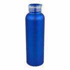 A tall, matte blue metal water bottle with a shiny, clear plastic screw-on cap. The bottle stands upright and is set against a white background.