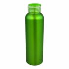 A shiny, bright green reusable water bottle with a clear screw-on lid, standing upright against a plain white background.