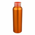 Orange metallic water bottle with a clear, open cap, standing upright against a plain white background.