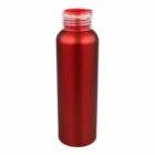 A metallic red water bottle with a shiny finish, featuring a clear, threaded cap. The bottle is tall and cylindrical, designed for holding beverages.