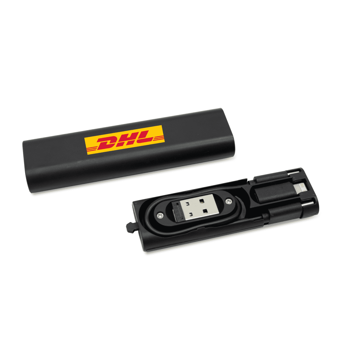 Black DHL-branded USB flash drive with case, showing multiple connector options.
