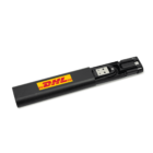 Black USB flash drive with a yellow DHL logo on the case, partially slid open.