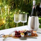 A charcuterie board with cheese, grapes, nuts, and meats is on a table. Two empty wine glasses and a chilled bottle of wine in an ice bucket are beside it. Lush green plants are in the background.