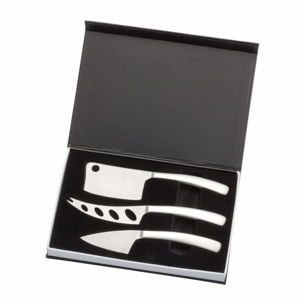 A set of three cheese knives in a black box with a lid. The knives have stainless steel handles and distinct blade shapes: one with holes, one wide-bladed, and one pointed, designed for different cheese types.
